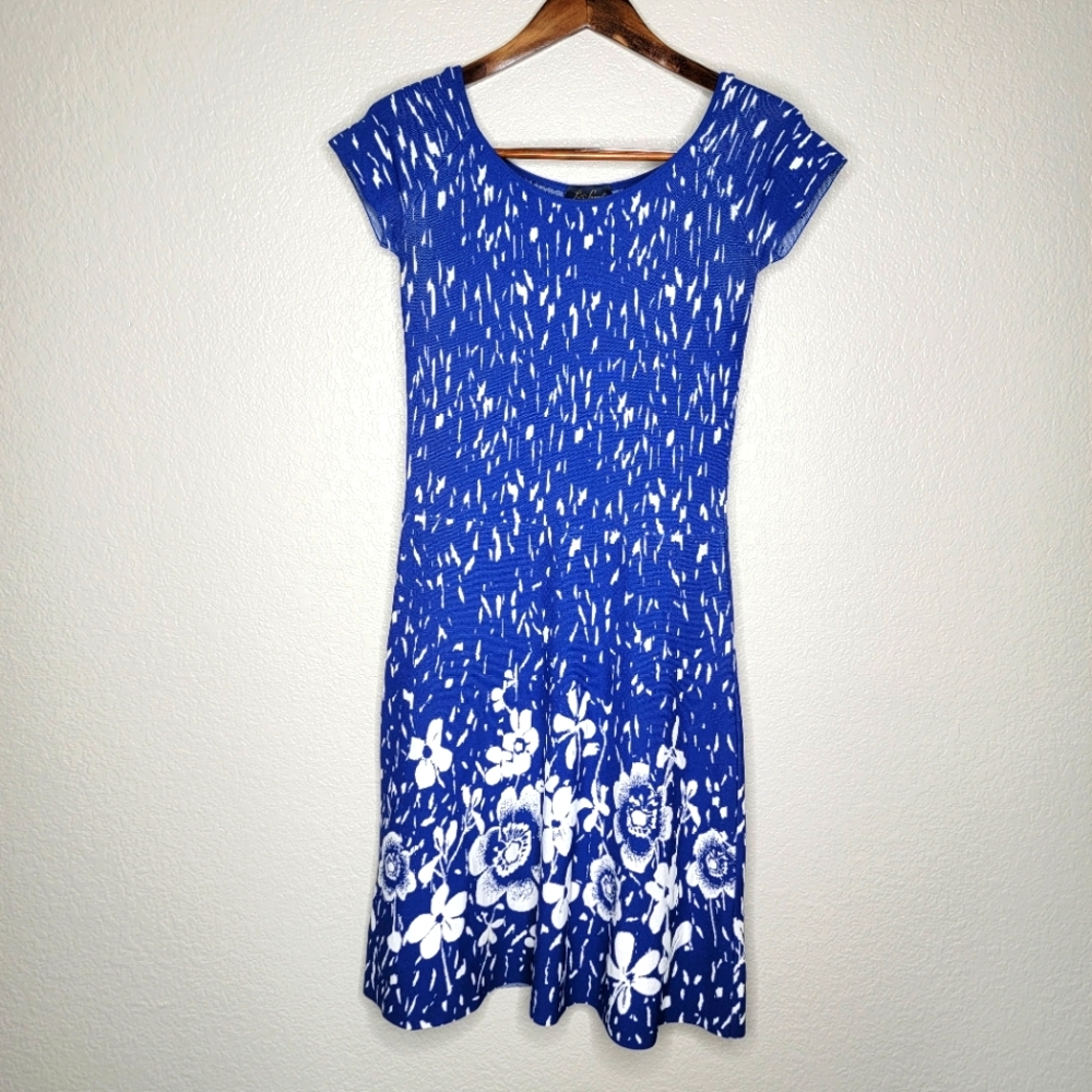 Luisa Spagnoli Copertina Blue And White Flower Knitted Jersey Stretch Dress Sz M